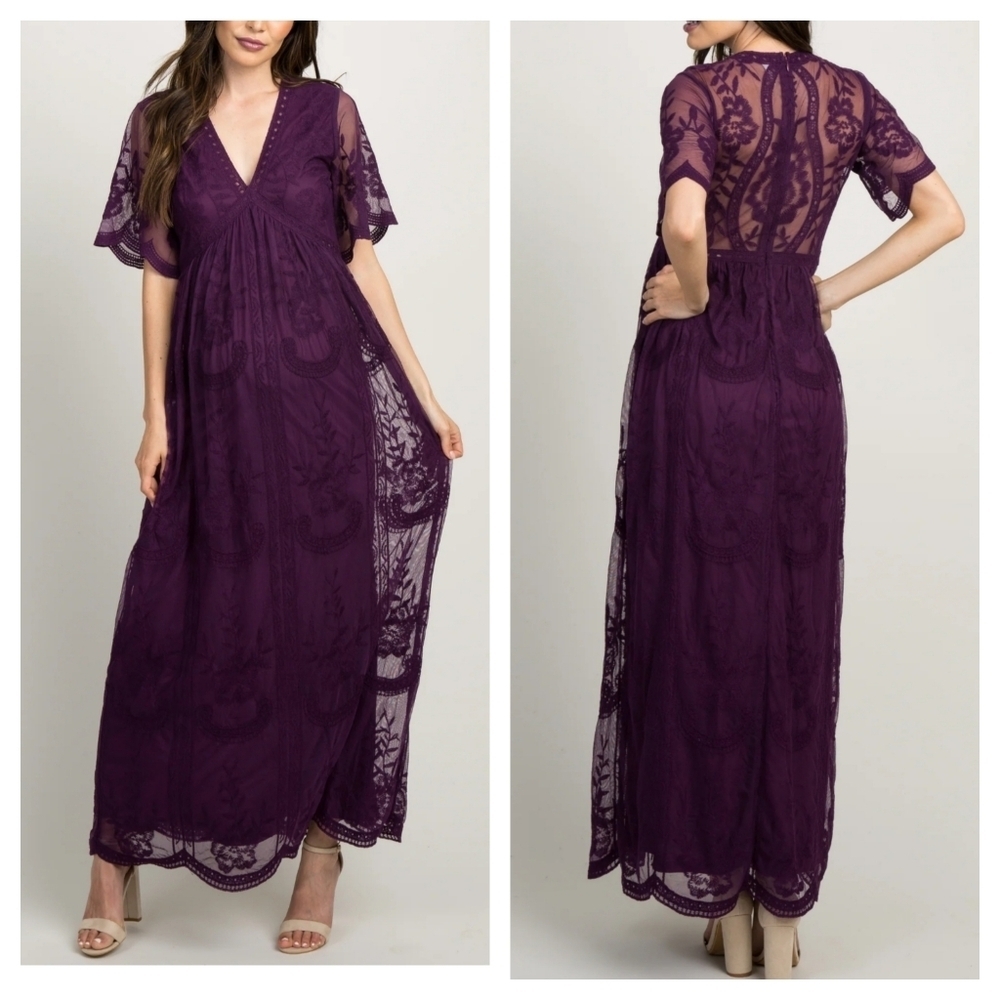 Altered State Lace Maxi Dress V-Neckline Mauve Pink